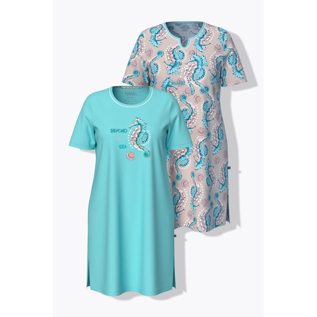 Lot de 2 chemises de nuit, motif hippocampes bleu caraïbes <span itemprop=