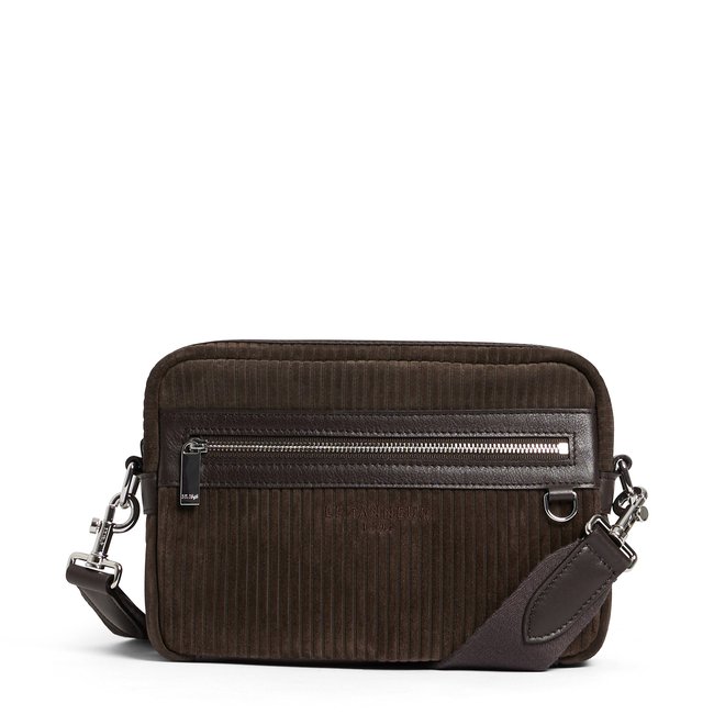 Petite sacoche Emile en cuir côtelé et lisse marron café <span itemprop=