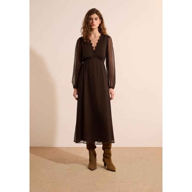 Robe midi col V BABELLE chocolat <span itemprop=