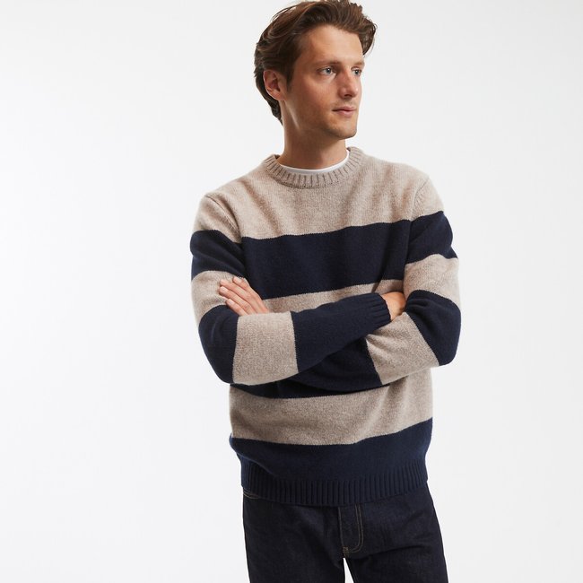 Rundhalspullover, Wolle, Grobstrick beige/blau gestreift LA REDOUTE COLLECTIONS