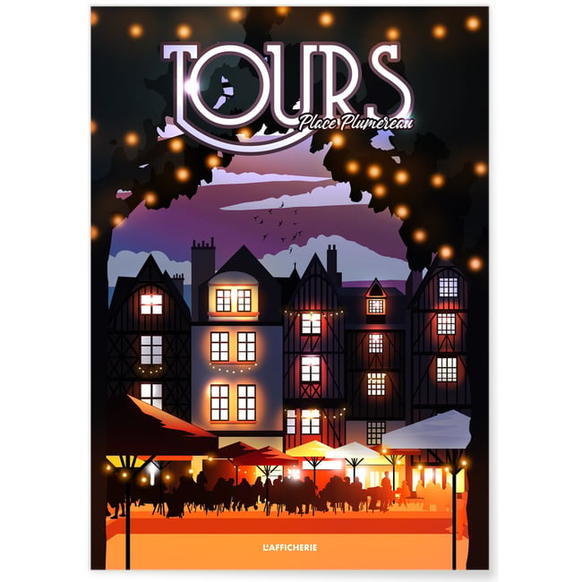 Affiche ville Tours : Place Plumereau nuit Couleur blanc <span itemprop=