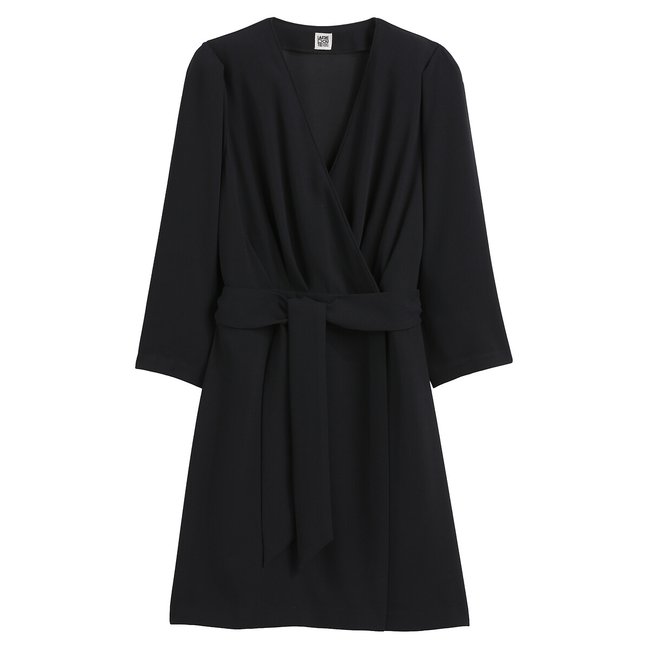 Robe courte cache-cœur, avec ceinture  noir <span itemprop=