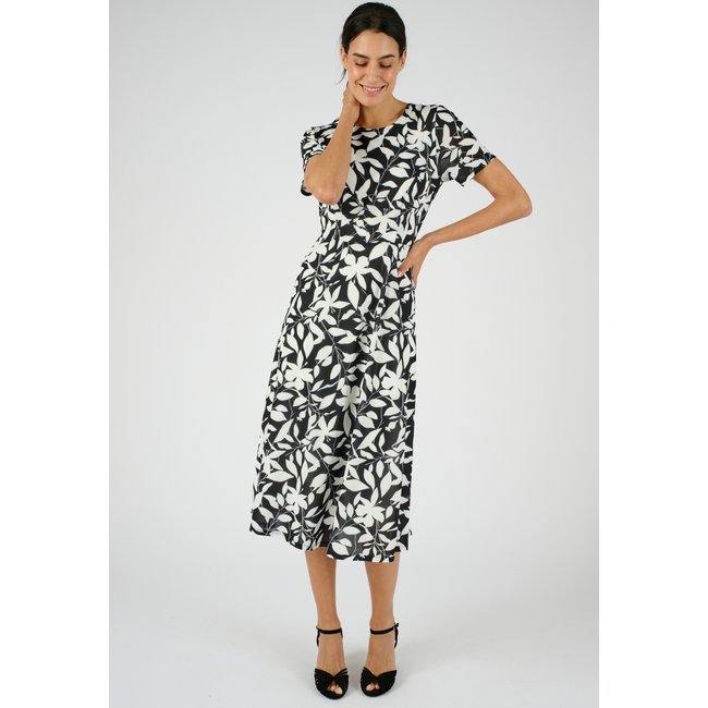 Robe maille crêpe stretch noir feuillage <span itemprop=