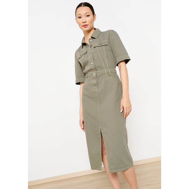 Robe mi-longue en coton khaki <span itemprop=