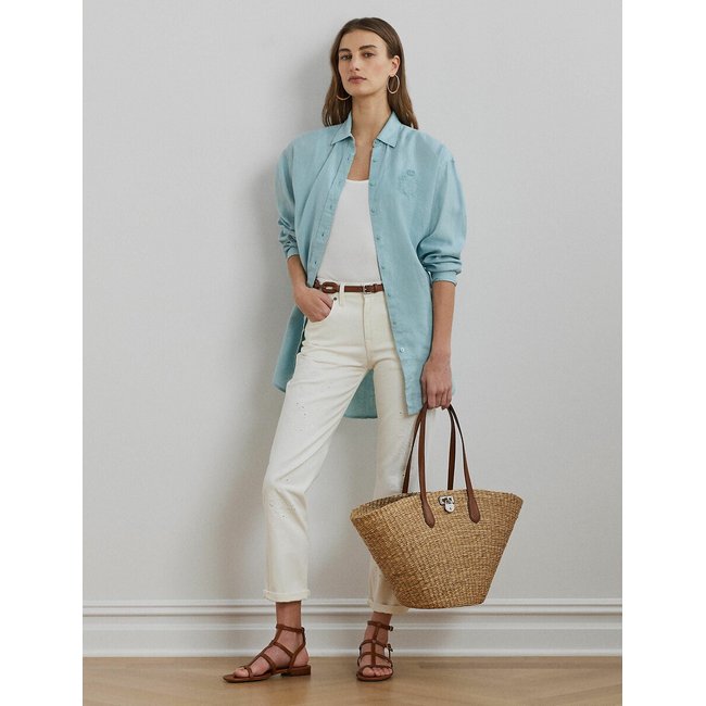 Tanner Large Tote Bag in Straw and Leather, natural, LAUREN RALPH LAUREN