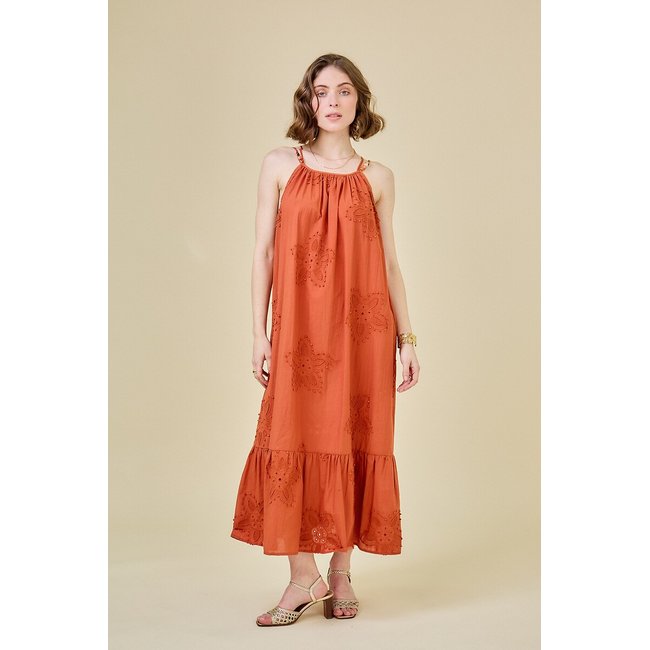 Vestido de comprimento médio, alças com pérolas laranja <span itemprop=