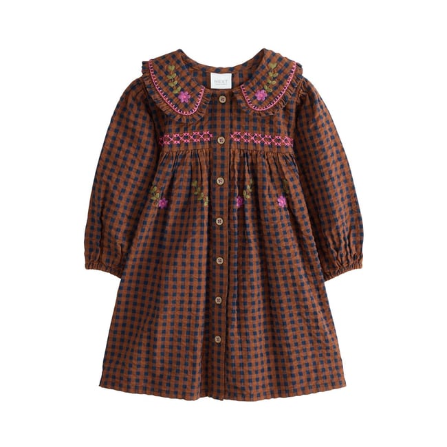 Robe avec col à carreaux brodé marron chocolat <span itemprop=