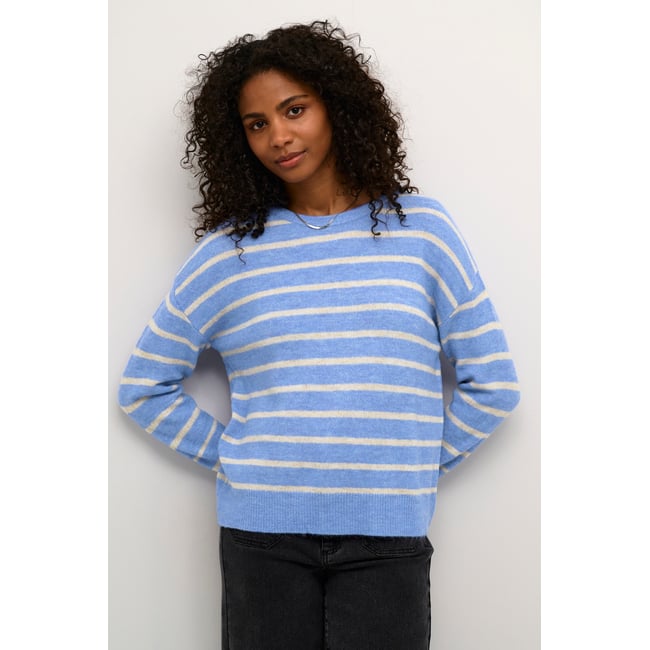 Knitted pullover bleu melange/beige rayé <span itemprop=