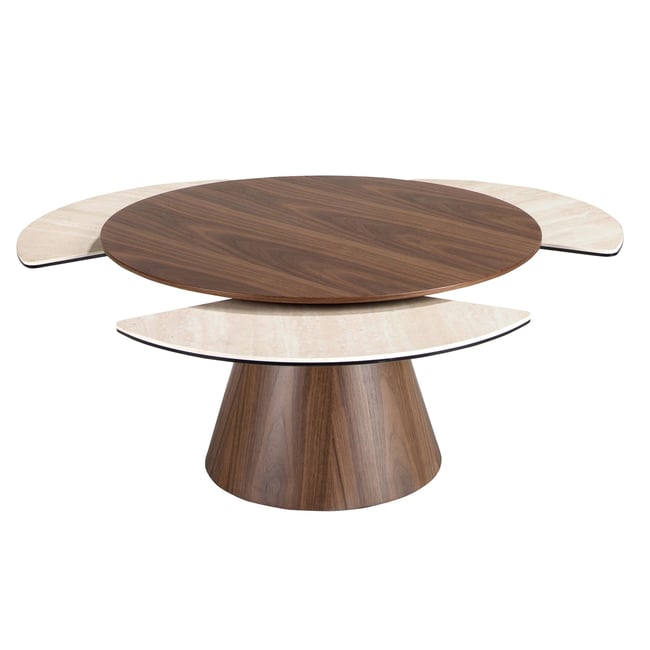 Table basse extensible ronde en bois et marbre porcelainé Couleur sable | noyer <span itemprop=