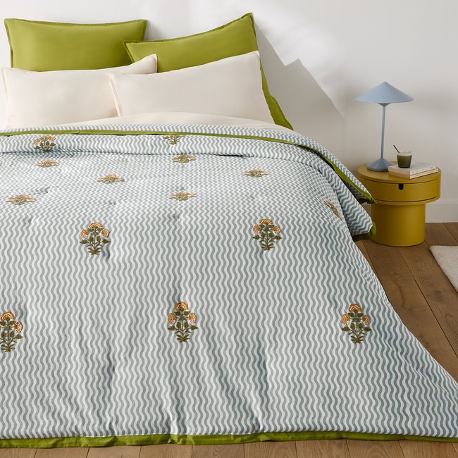 Couvre-lit matelassé, imprimé rayures et broderies fleurs, coton, JANI imprimé rayé <span itemprop=