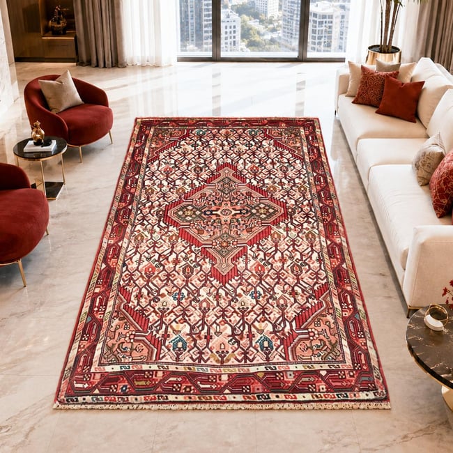 Tapis d'orient, motif oriental noué main en laine, HAMADAN 11 Couleur rouge, crème, marron <span itemprop=