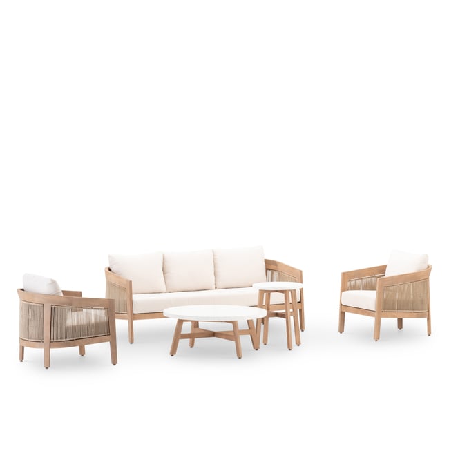 Salon de jardin 5 places, 2 tables, PADUA bois claire, corde beige, coussin écru <span itemprop=