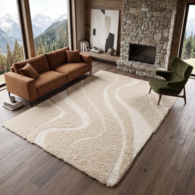 Tapis shaggy doux à relief graphique  ORGANIC WAVES Couleur beige <span itemprop=