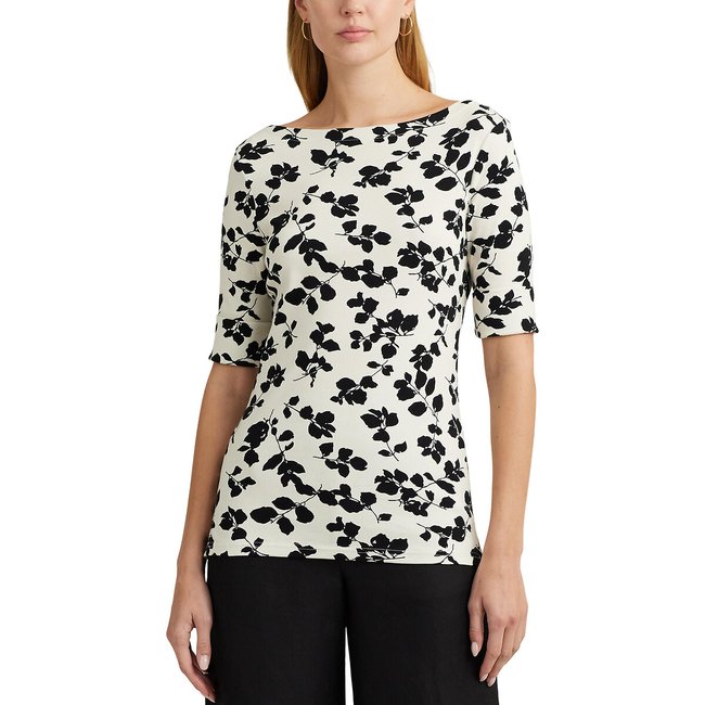 T-shirt manches courtes col bateau imprimé floral ecru/noir <span itemprop=