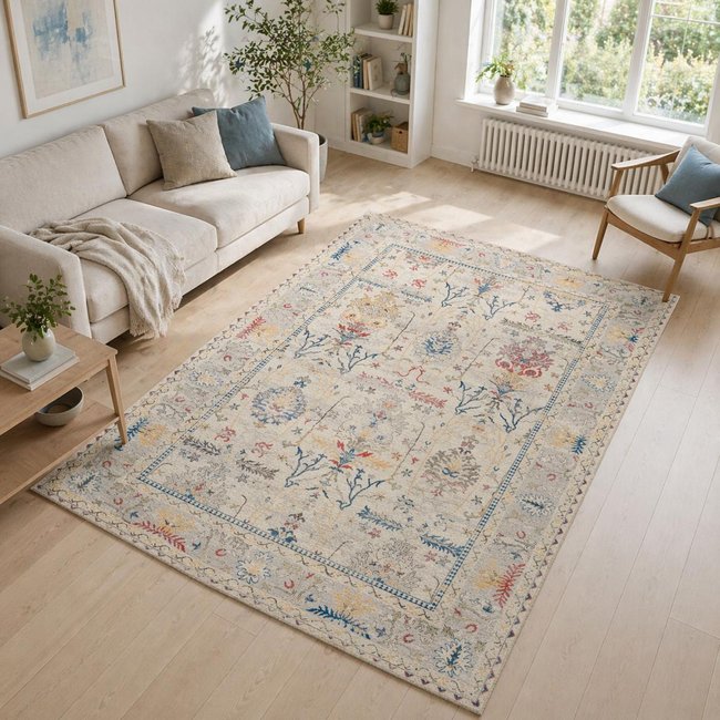 Tapis d'orient au motif oriental, style kilim, LYN11 PERLE Couleur beige, bleu, multicolore <span itemprop=