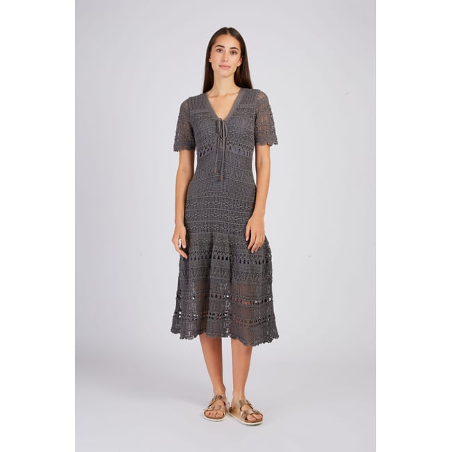 Robe longue unie en maille XIAMEN kaki <span itemprop=