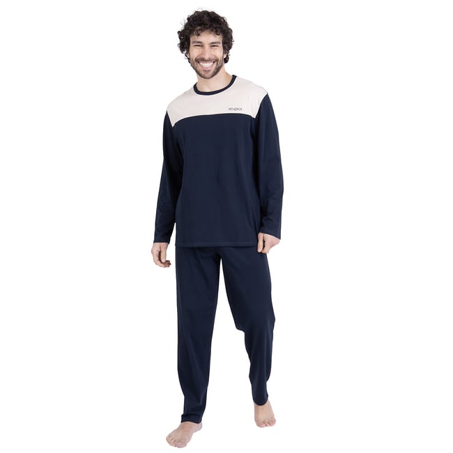Pigiama lungo in cotone, a maniche lunghe beige/blu navy ATHENA