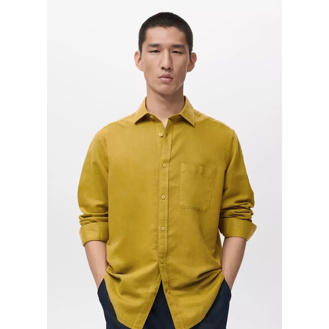 Chemise regular-fit lin poche curry <span itemprop=
