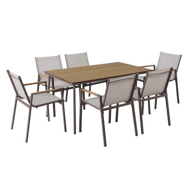 Table de jardin en acier et bois synthétique 150x90 cm et 6 chaises, VALENCIA taupe <span itemprop=
