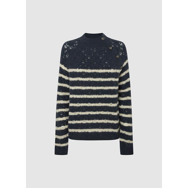 Pull marinière effet ajouré, manches raglan HELA bleu marine rayé écru <span itemprop=