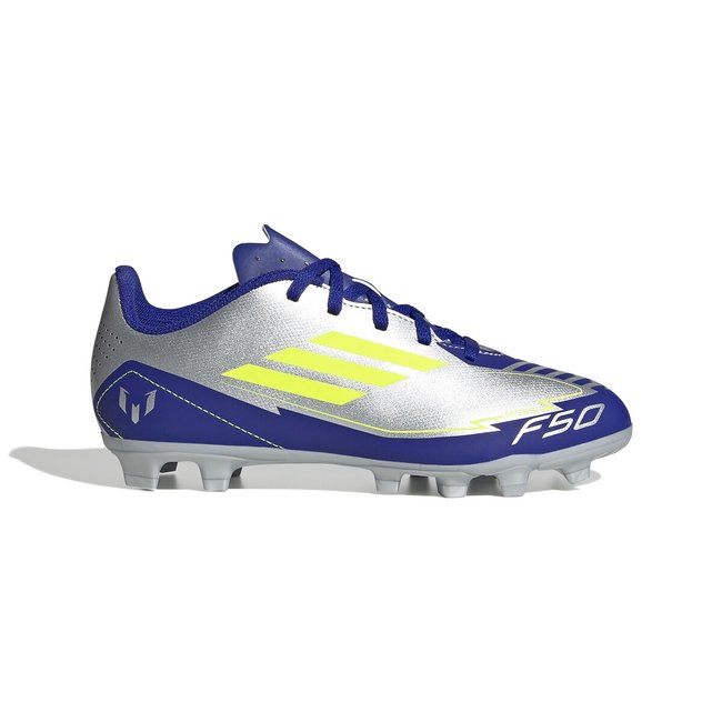 Chaussures de football F50 Club FG/MG Messi blanc/bleu/jaune <span itemprop=