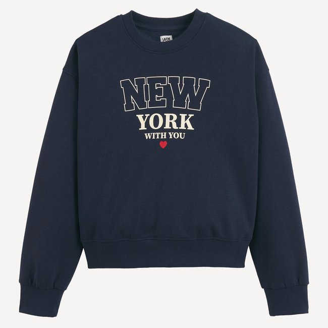 Sweat col rond, en molleton, avec message New York imprimé devant bleu marine <span itemprop=