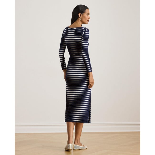 Vayra striped midi dress with long sleeves and tie-front, navy