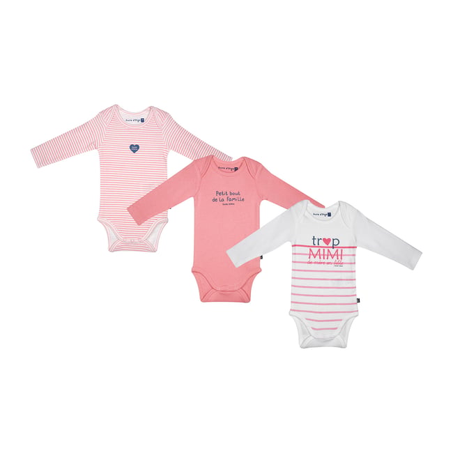 Lot de 3 bodies janelle manches longues bebe rose <span itemprop=