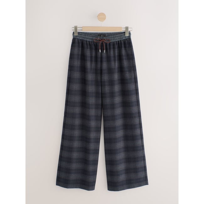Pantalon large avec taille en satin bleu marine à carreaux <span itemprop=