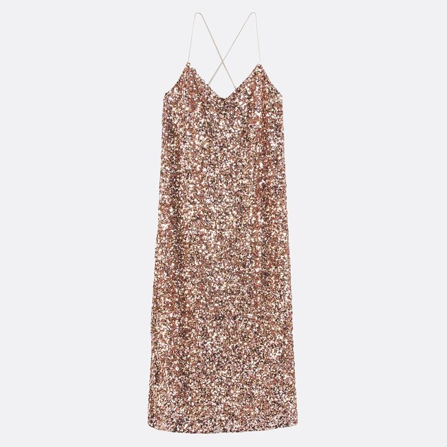 Robe longue à fines bretelles, en sequins rose doré <span itemprop=