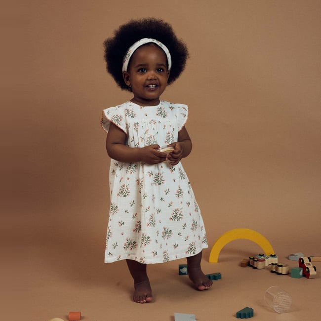 Robe en gaze de coton imprimé ecru <span itemprop=