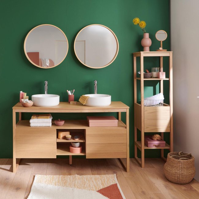 Meuble double 140cm chêne vasques robinets miroirs colonne ATOLL Couleur chêne <span itemprop=