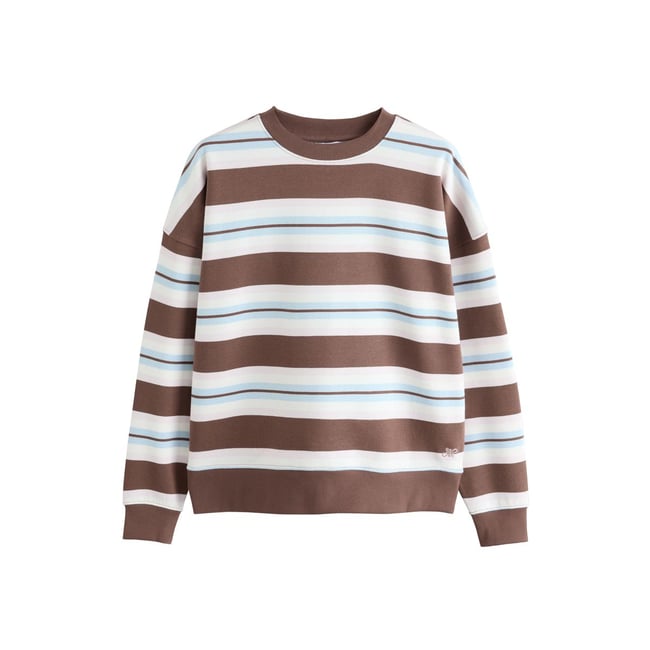 Sweat ras du cou à rayures marron chocolat/bleu/rose <span itemprop=
