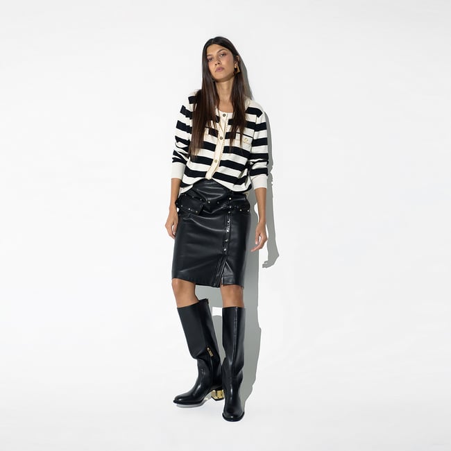Cardigan rayée à à col rond noir <span itemprop=