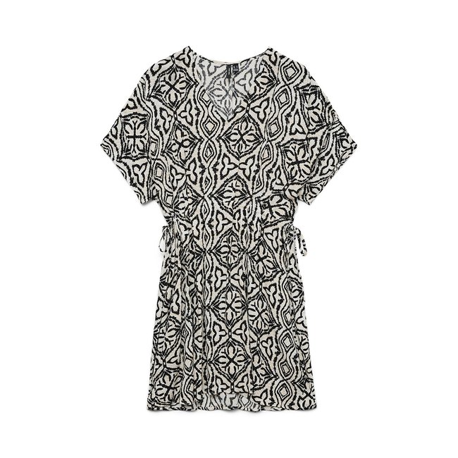 Robe courte imprimée manches courtes col v  imprimé noir <span itemprop=