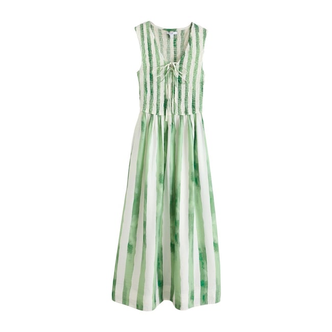 Robe longue à corsage froncé nouer vert à rayures <span itemprop=