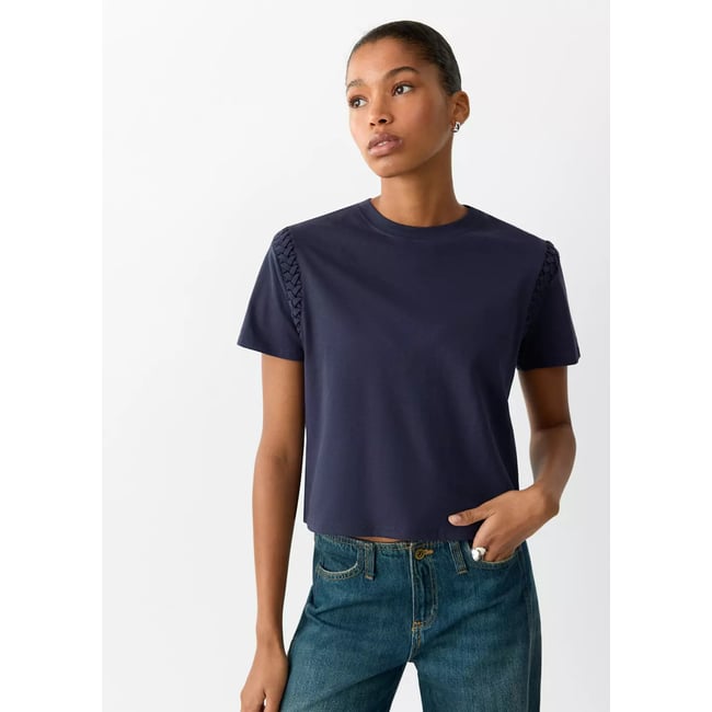T-shirt en coton détail tressé bleu marine <span itemprop=