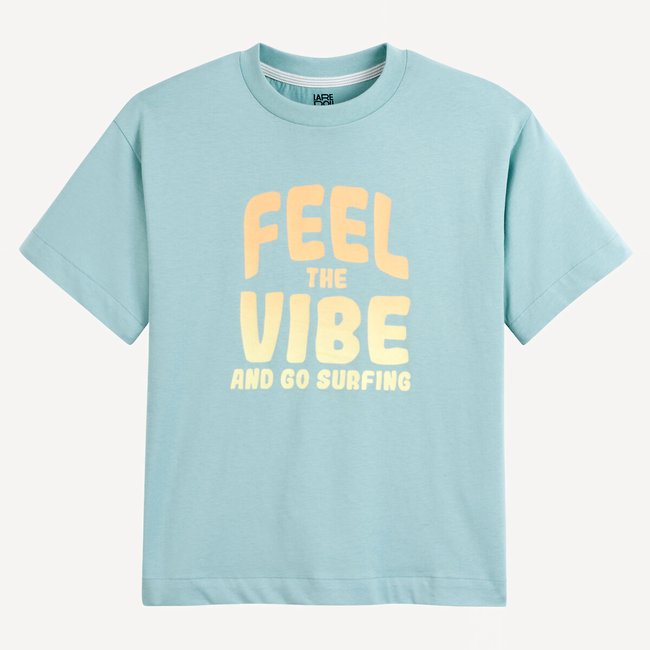 T-Shirt mit rundem Ausschnitt und Schriftzug, Oversized-Form blau <span itemprop=