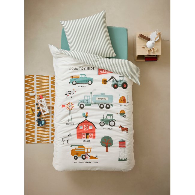 Parure housse de couette + taie d'oreiller avec coton recyclé MOISSON blanc imprimé <span itemprop=