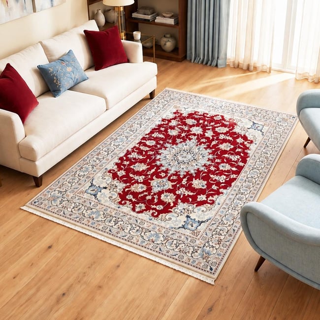 Tapis d'orient, motif oriental, noué main, NAIN 8 Couleur rouge, bleu, crème <span itemprop=