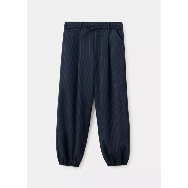 Pantalon bouffant à rayures tennus en fil textile bleu marine <span itemprop=