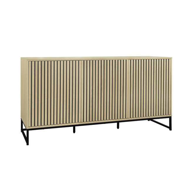 Buffet décor bois rainuré et métal 3 portes 160cm LISBONNE Couleur naturel <span itemprop=
