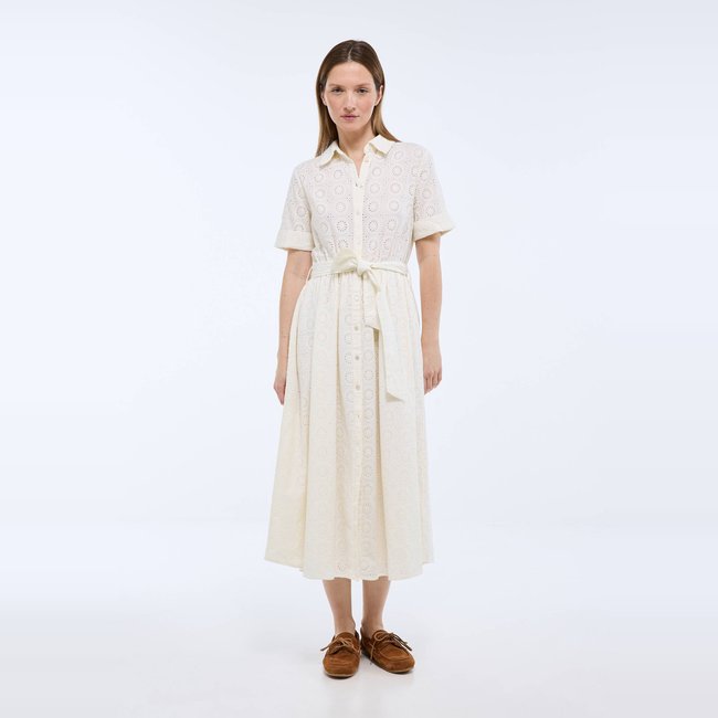 Robe midi broderie anglaise en coton BIO GOTS ecru <span itemprop=