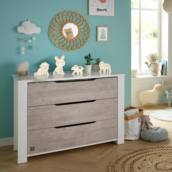 Commode 3 tiroirs en bois gris/blanc <span itemprop=