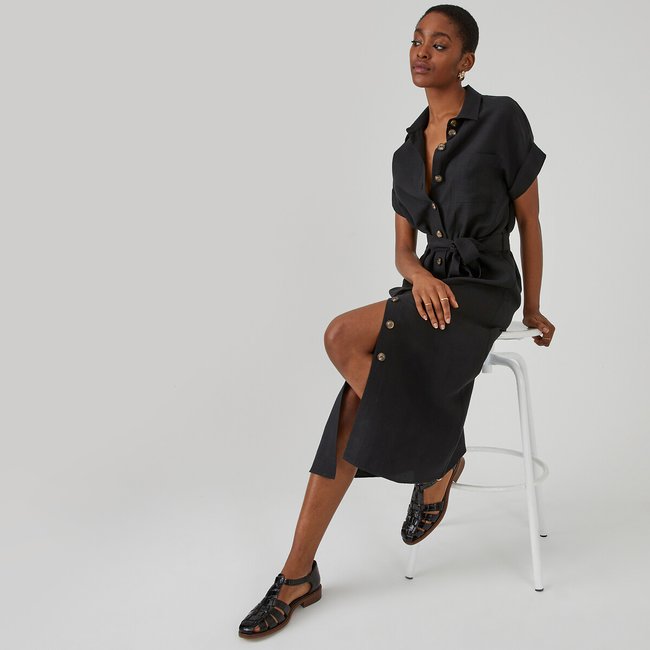 Robe-chemise mélange lyocell et lin noir <span itemprop=