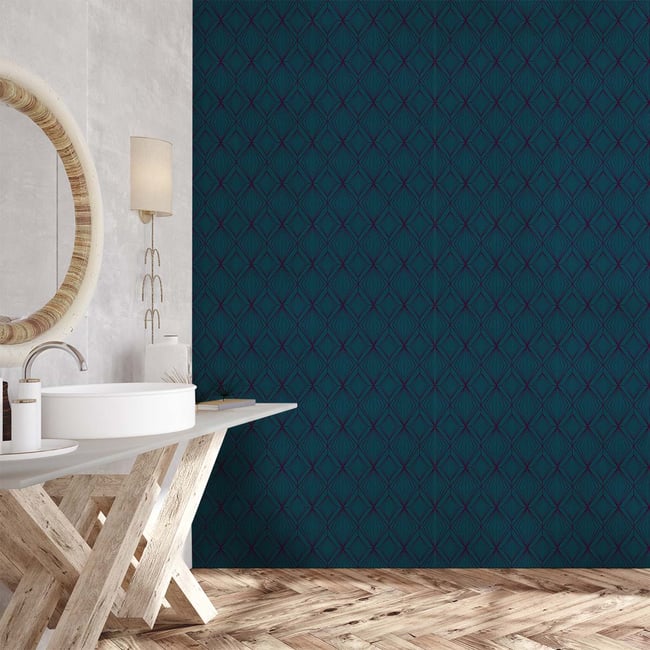 Papier peint art déco losange bleu turquoise Couleur intissé <span itemprop=