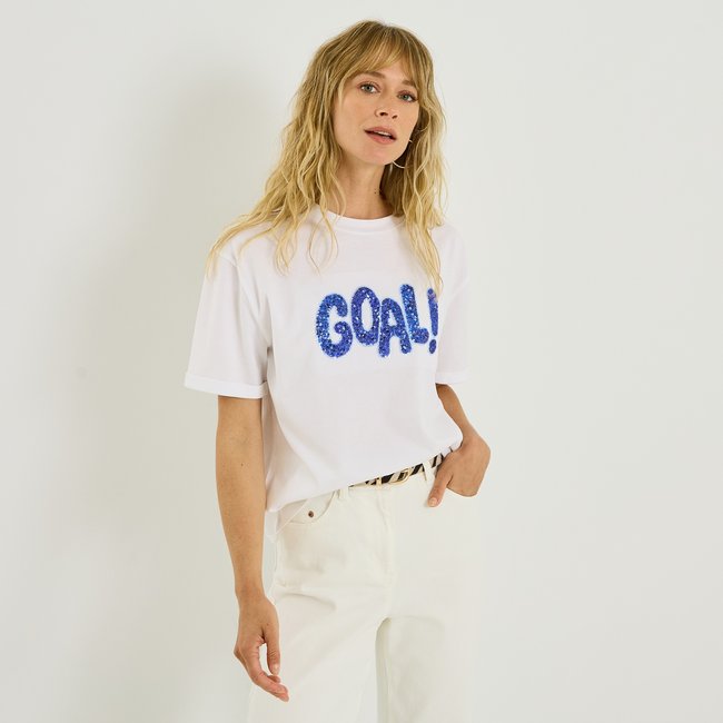 T-shirt graphique à sequins blanc cassé blanc <span itemprop=