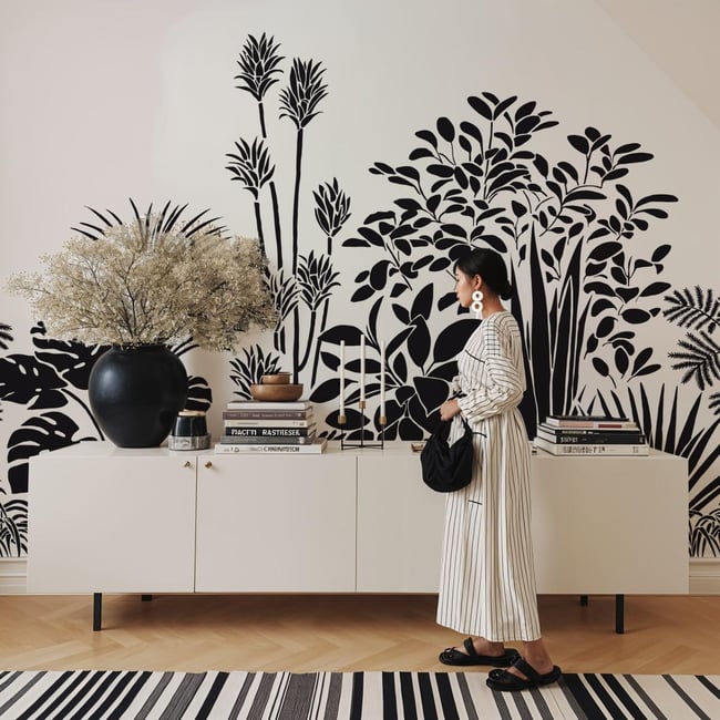 Papier peint panoramique pour jardin zen avec des plantes - 85x260 cm (l x h) Couleur noir <span itemprop=