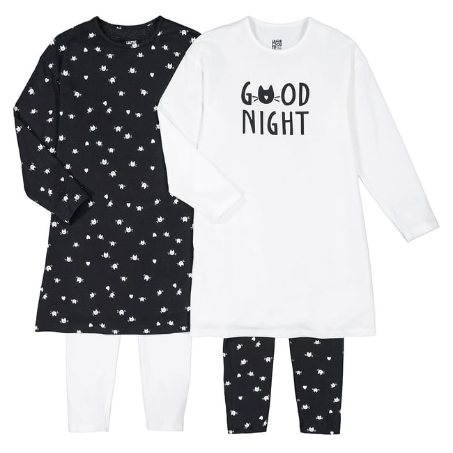 Lot de 2 pyjamas chemise de nuit, imprimé chat  ecru + noir <span itemprop=