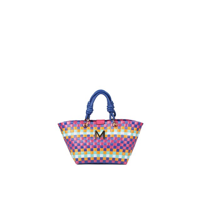 Cabas multicolore tressé avec anses nouées et bandoulière amovible bleu cobalt <span itemprop=